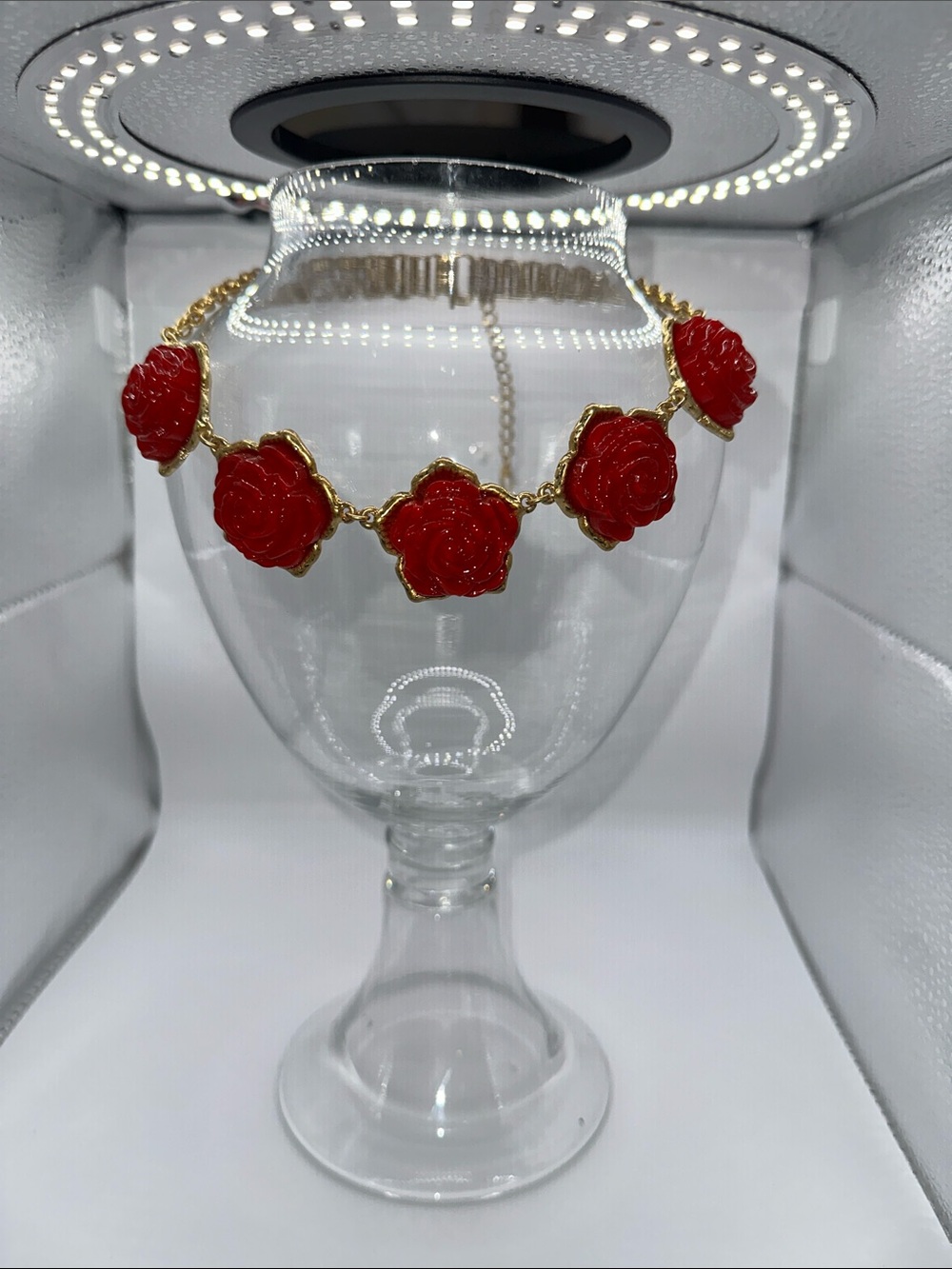Gold Chain Necklace with Red Rose Charms - Women Jewelry